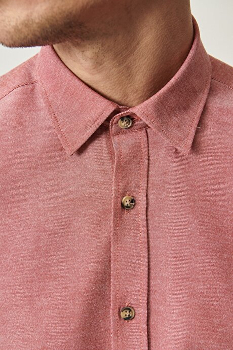 Düğmeli Yaka Tailored Slim Fit Dar Kesim Oxford Bordo Gömlek resmi