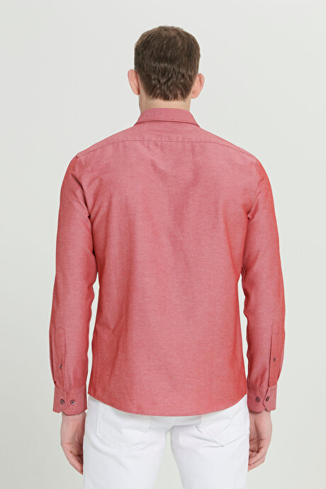 Düğmeli Yaka Kolay Ütülenebilir Pamuklu Slim Fit Dar Kesim Oxford Bordo Gömlek resmi