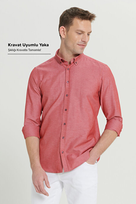 Düğmeli Yaka Kolay Ütülenebilir Pamuklu Slim Fit Dar Kesim Oxford Bordo Gömlek resmi