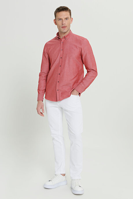 Düğmeli Yaka Kolay Ütülenebilir Pamuklu Slim Fit Dar Kesim Oxford Bordo Gömlek resmi