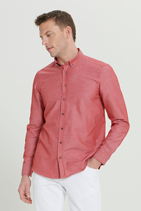 Düğmeli Yaka Kolay Ütülenebilir Pamuklu Slim Fit Dar Kesim Oxford Bordo Gömlek resmi