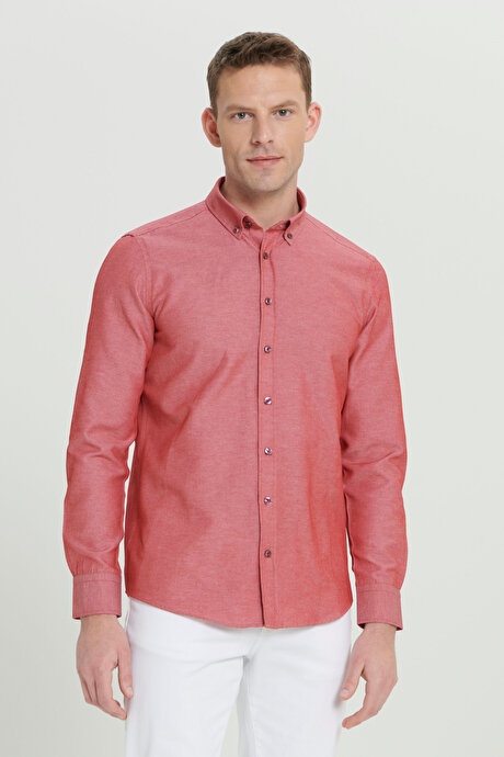 Düğmeli Yaka Kolay Ütülenebilir Pamuklu Slim Fit Dar Kesim Oxford Bordo Gömlek resmi