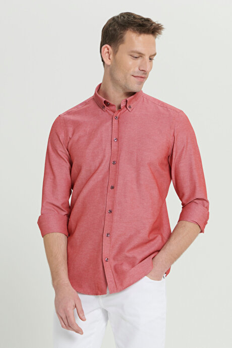 Düğmeli Yaka Kolay Ütülenebilir Pamuklu Slim Fit Dar Kesim Oxford Bordo Gömlek resmi