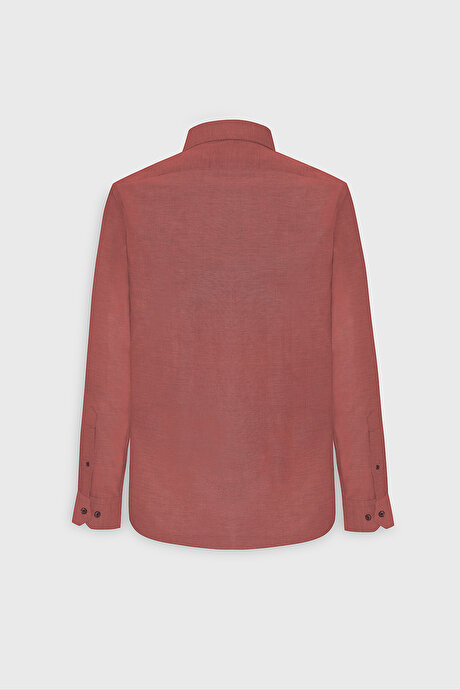 Düğmeli Yaka Kolay Ütülenebilir Pamuklu Slim Fit Dar Kesim Oxford Bordo Gömlek resmi