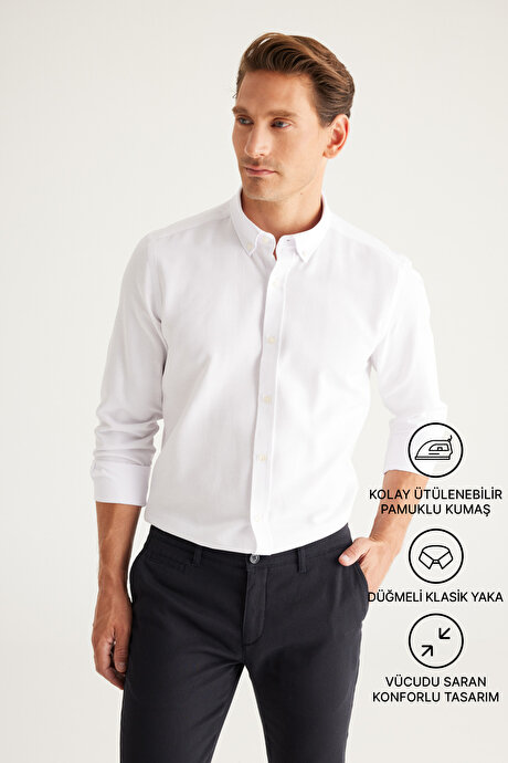 Düğmeli Yaka Kolay Ütülenebilir Pamuklu Slim Fit Dar Kesim Oxford Beyaz Gömlek resmi