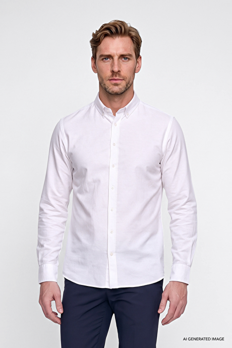 Düğmeli Yaka Kolay Ütülenebilir Pamuklu Slim Fit Dar Kesim Oxford Beyaz Gömlek resmi