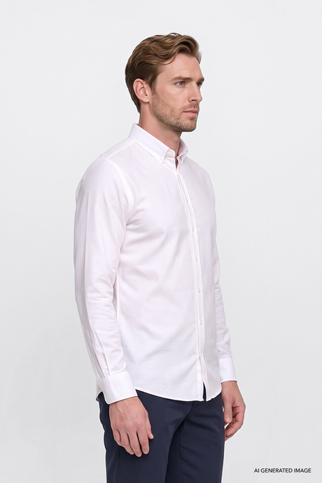Düğmeli Yaka Kolay Ütülenebilir Pamuklu Slim Fit Dar Kesim Oxford Beyaz Gömlek resmi