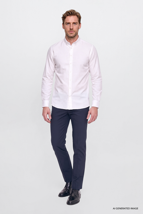 Düğmeli Yaka Kolay Ütülenebilir Pamuklu Slim Fit Dar Kesim Oxford Beyaz Gömlek resmi