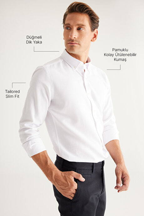 Düğmeli Yaka Kolay Ütülenebilir Pamuklu Slim Fit Dar Kesim Oxford Beyaz Gömlek resmi