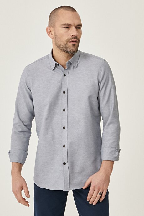 Düğmeli Yaka Tailored Slim Fit Dar Kesim Oxford Gri Gömlek resmi