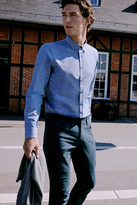 Düğmeli Yaka Kolay Ütülenebilir Pamuklu Slim Fit Dar Kesim Oxford Gri Gömlek resmi