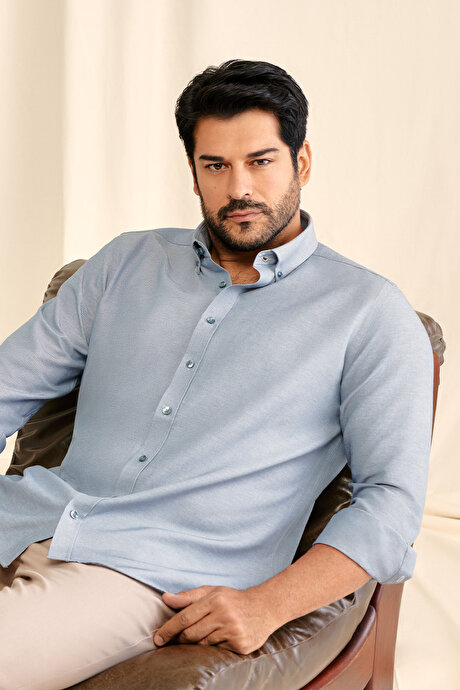 Düğmeli Yaka Kolay Ütülenebilir Pamuklu Slim Fit Dar Kesim Oxford Gri Gömlek resmi