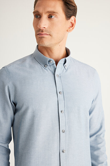 Düğmeli Yaka Kolay Ütülenebilir Pamuklu Slim Fit Dar Kesim Oxford Gri Gömlek resmi