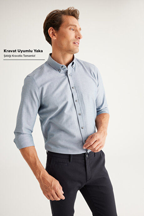Düğmeli Yaka Kolay Ütülenebilir Pamuklu Slim Fit Dar Kesim Oxford Gri Gömlek resmi