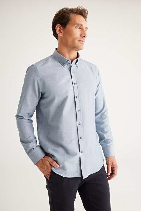 Düğmeli Yaka Kolay Ütülenebilir Pamuklu Slim Fit Dar Kesim Oxford Gri Gömlek resmi