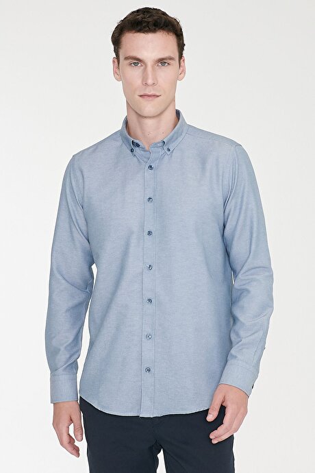 Düğmeli Yaka Kolay Ütülenebilir Pamuklu Slim Fit Dar Kesim Oxford Gri Gömlek resmi