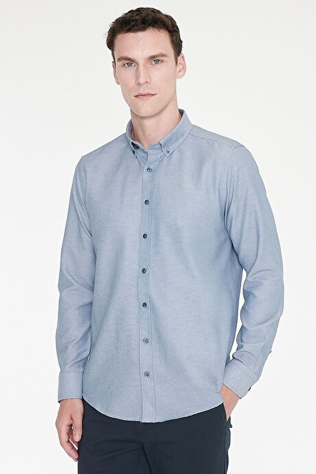 Düğmeli Yaka Kolay Ütülenebilir Pamuklu Slim Fit Dar Kesim Oxford Gri Gömlek resmi