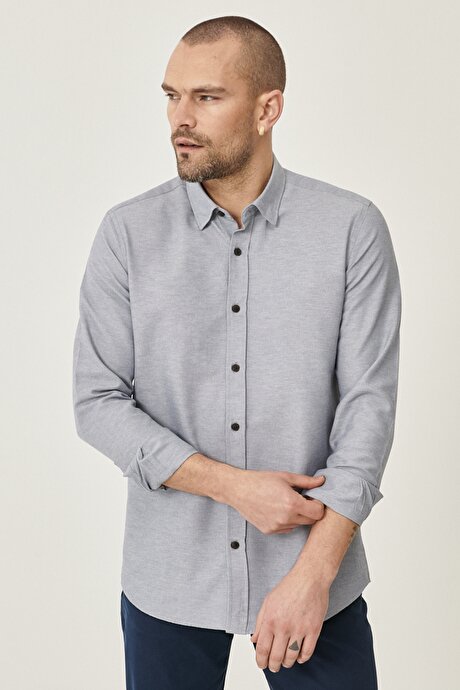 Düğmeli Yaka Tailored Slim Fit Dar Kesim Oxford Gri Gömlek resmi