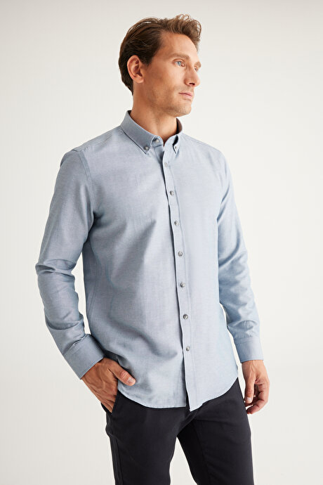 Düğmeli Yaka Kolay Ütülenebilir Pamuklu Slim Fit Dar Kesim Oxford Gri Gömlek resmi