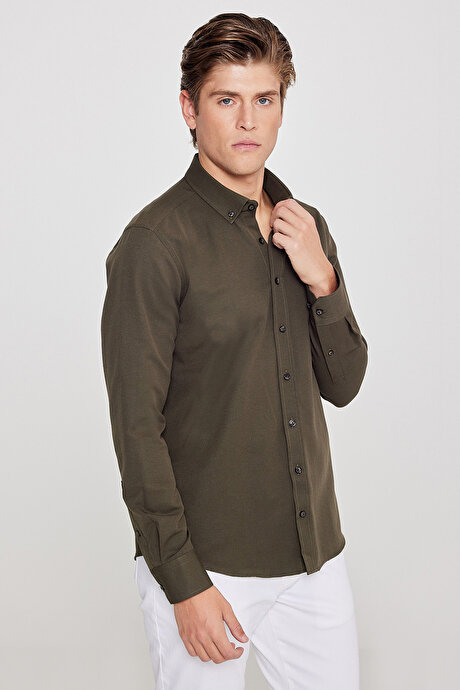 Düğmeli Yaka Kolay Ütülenebilir Pamuklu Slim Fit Dar Kesim Oxford Haki Gömlek resmi