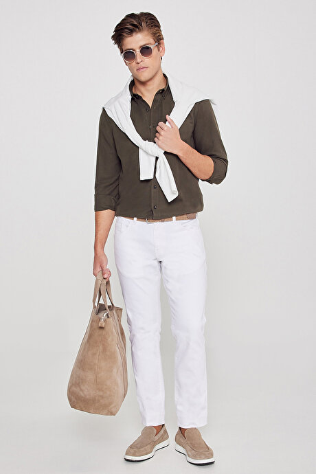 Düğmeli Yaka Kolay Ütülenebilir Pamuklu Slim Fit Dar Kesim Oxford Haki Gömlek resmi