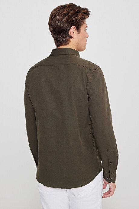Düğmeli Yaka Kolay Ütülenebilir Pamuklu Slim Fit Dar Kesim Oxford Haki Gömlek resmi