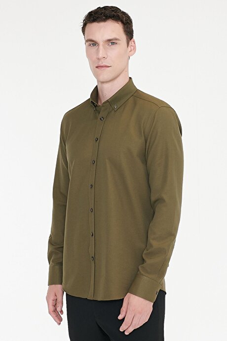 Düğmeli Yaka Kolay Ütülenebilir Pamuklu Slim Fit Dar Kesim Oxford Haki Gömlek resmi