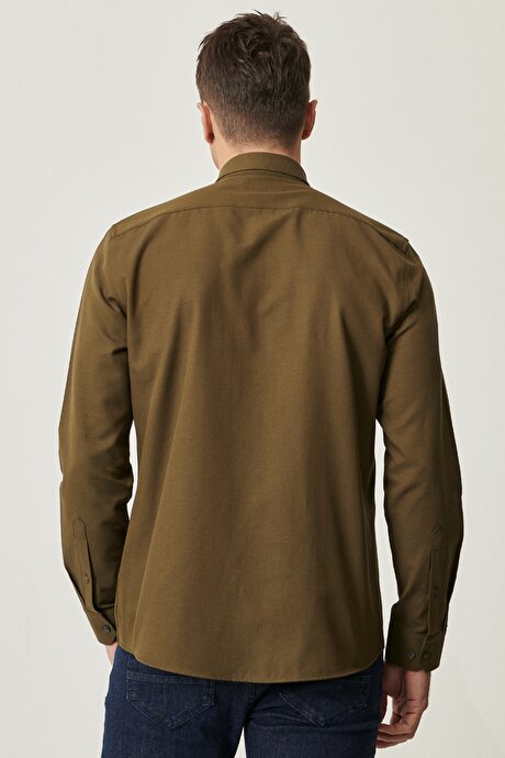 Düğmeli Yaka Tailored Slim Fit Dar Kesim Oxford Haki Gömlek resmi