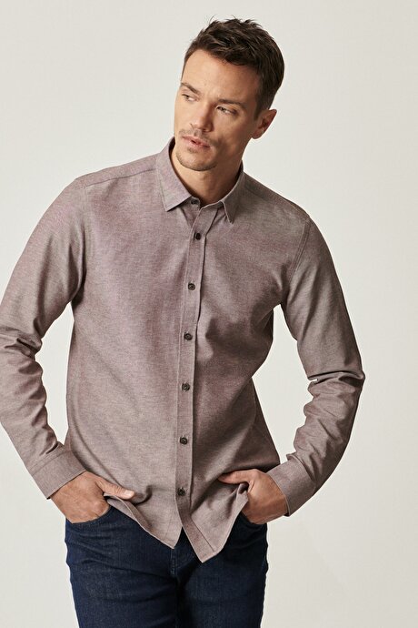 Düğmeli Yaka Tailored Slim Fit Dar Kesim Oxford Kahverengi Gömlek resmi