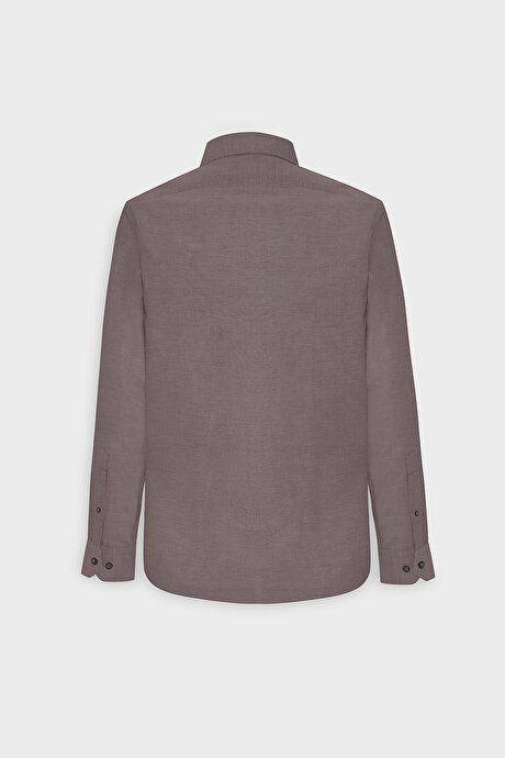 Düğmeli Yaka Kolay Ütülenebilir Pamuklu Slim Fit Dar Kesim Oxford Kahverengi Gömlek resmi