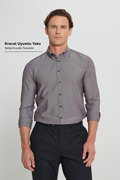 Düğmeli Yaka Kolay Ütülenebilir Pamuklu Slim Fit Dar Kesim Oxford Kahverengi Gömlek resmi