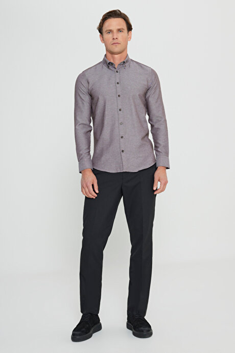 Düğmeli Yaka Kolay Ütülenebilir Pamuklu Slim Fit Dar Kesim Oxford Kahverengi Gömlek resmi