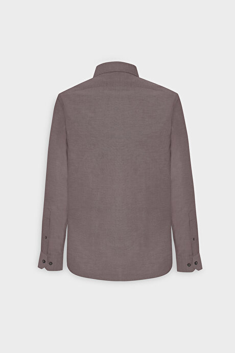 Düğmeli Yaka Kolay Ütülenebilir Pamuklu Slim Fit Dar Kesim Oxford Kahverengi Gömlek resmi