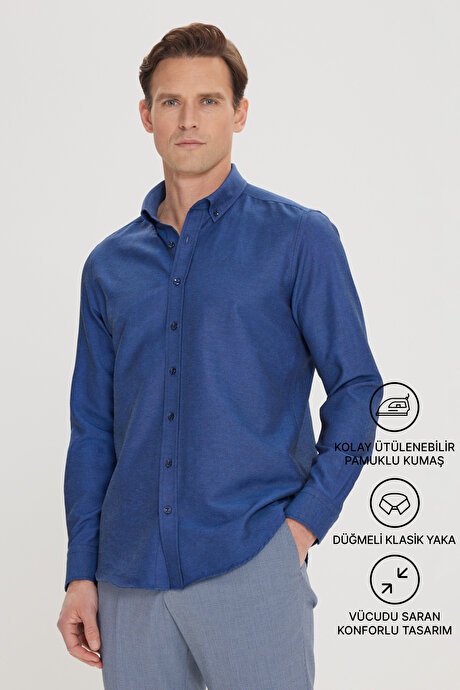 Düğmeli Yaka Kolay Ütülenebilir Pamuklu Slim Fit Dar Kesim Oxford Koyu Lacivert Gömlek resmi