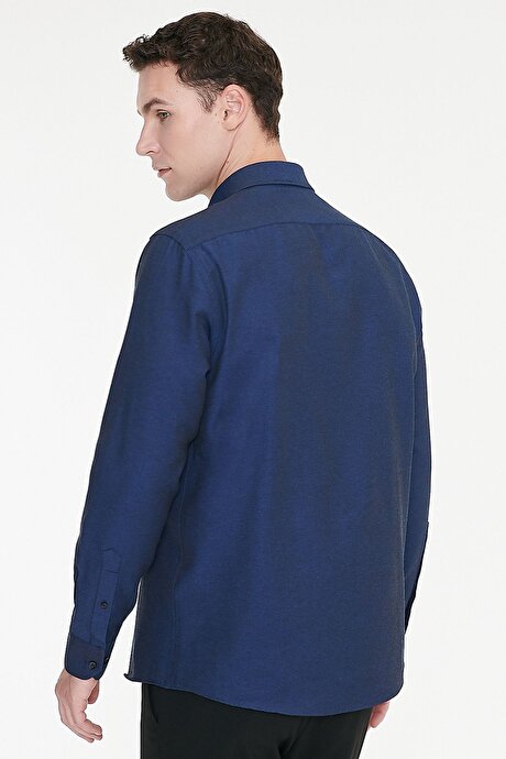 Düğmeli Yaka Kolay Ütülenebilir Pamuklu Slim Fit Dar Kesim Oxford Koyu Lacivert Gömlek resmi