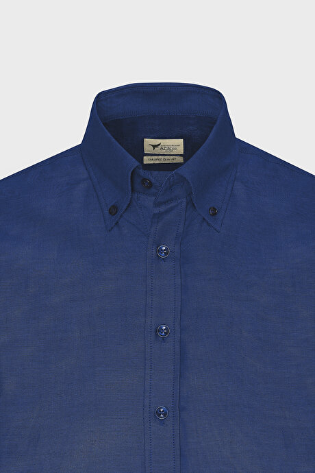 Düğmeli Yaka Kolay Ütülenebilir Pamuklu Slim Fit Dar Kesim Oxford Koyu Lacivert Gömlek resmi
