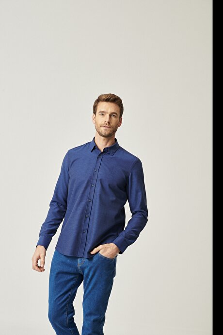 Düğmeli Yaka Tailored Slim Fit Dar Kesim Oxford Koyu Lacivert Gömlek resmi