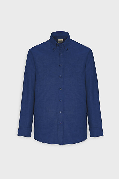 Düğmeli Yaka Kolay Ütülenebilir Pamuklu Slim Fit Dar Kesim Oxford Koyu Lacivert Gömlek resmi
