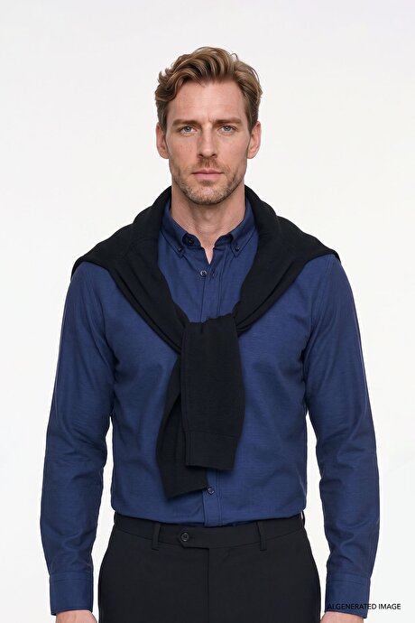 Düğmeli Yaka Kolay Ütülenebilir Pamuklu Slim Fit Dar Kesim Oxford Koyu Lacivert Gömlek resmi