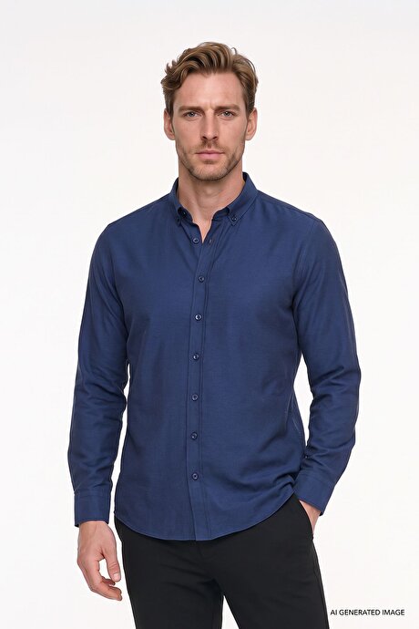 Düğmeli Yaka Kolay Ütülenebilir Pamuklu Slim Fit Dar Kesim Oxford Koyu Lacivert Gömlek resmi