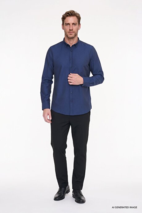 Düğmeli Yaka Kolay Ütülenebilir Pamuklu Slim Fit Dar Kesim Oxford Koyu Lacivert Gömlek resmi