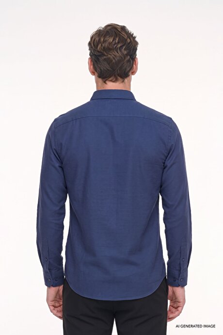 Düğmeli Yaka Kolay Ütülenebilir Pamuklu Slim Fit Dar Kesim Oxford Koyu Lacivert Gömlek resmi
