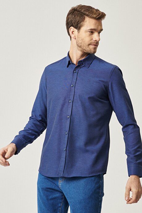 Düğmeli Yaka Tailored Slim Fit Dar Kesim Oxford Koyu Lacivert Gömlek resmi