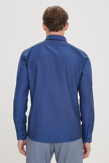 Düğmeli Yaka Kolay Ütülenebilir Pamuklu Slim Fit Dar Kesim Oxford Koyu Lacivert Gömlek resmi