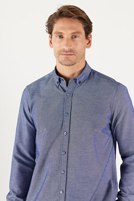 Düğmeli Yaka Kolay Ütülenebilir Pamuklu Slim Fit Dar Kesim Oxford Lacivert Gömlek resmi