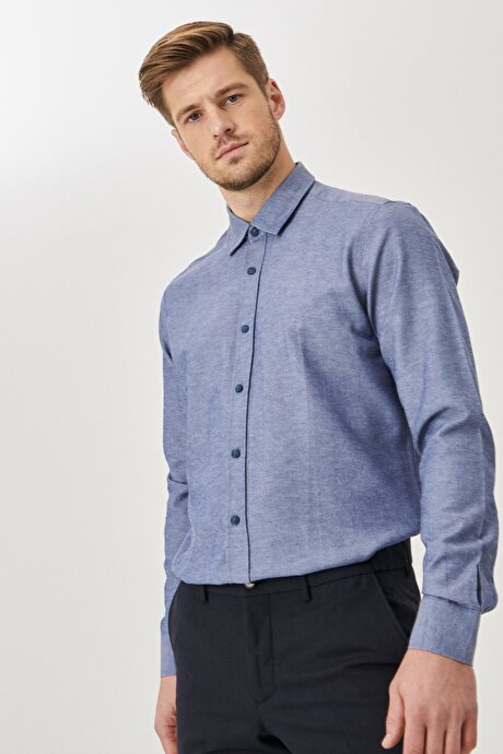 Düğmeli Yaka Tailored Slim Fit Dar Kesim Oxford Lacivert Gömlek resmi