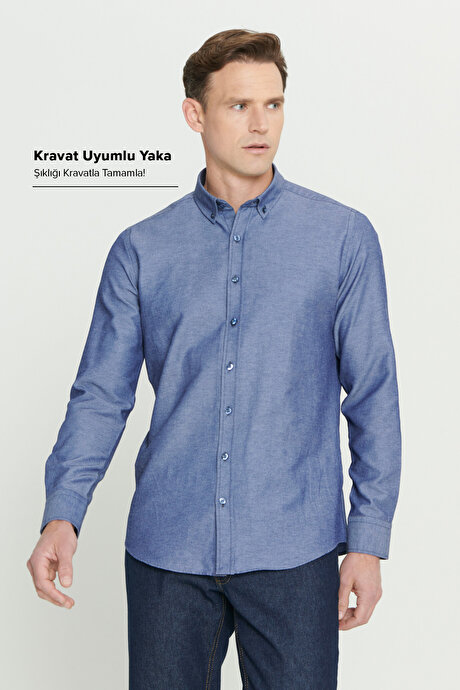 Düğmeli Yaka Kolay Ütülenebilir Pamuklu Slim Fit Dar Kesim Oxford Lacivert Gömlek resmi