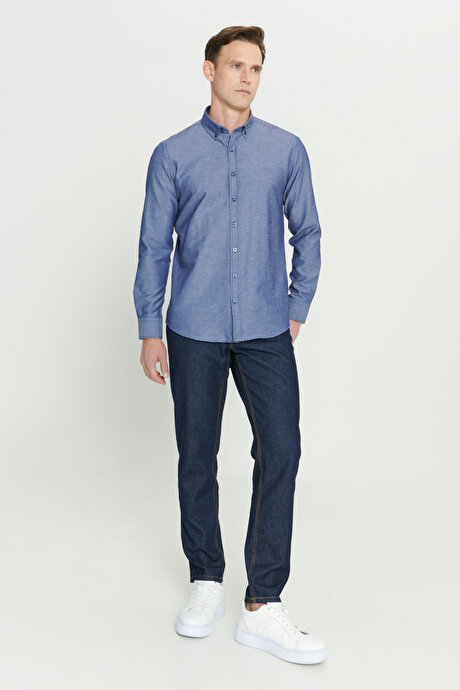 Düğmeli Yaka Kolay Ütülenebilir Pamuklu Slim Fit Dar Kesim Oxford Lacivert Gömlek resmi