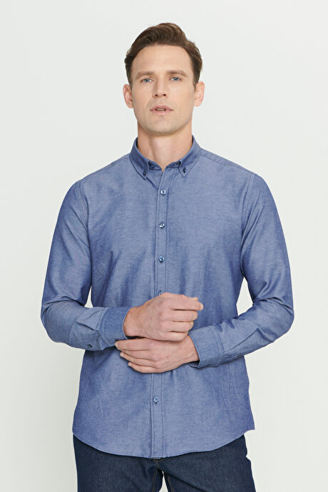 Düğmeli Yaka Kolay Ütülenebilir Pamuklu Slim Fit Dar Kesim Oxford Lacivert Gömlek resmi