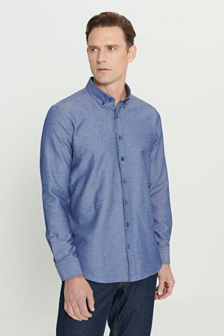 Düğmeli Yaka Kolay Ütülenebilir Pamuklu Slim Fit Dar Kesim Oxford Lacivert Gömlek resmi